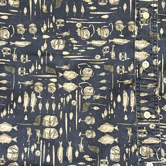 Woolrich Button Up Shirt LARGE Fisherman Tackle Fish All Over Print AOP USA Made - Picture 3 of 9